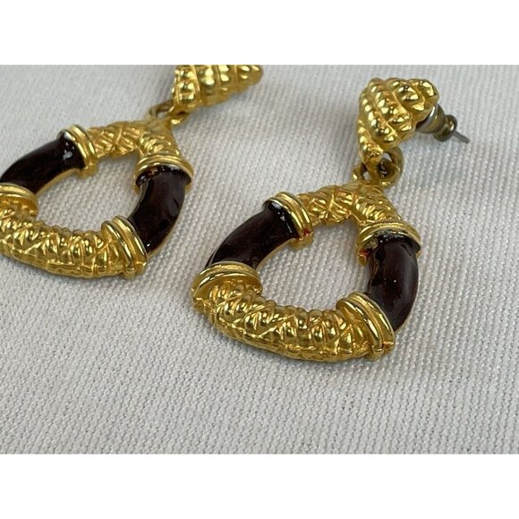 Vintage Drop Dangle Hoops Gold Tone Chocolate Brown Post Earrings Pierced - Picture 3 of 6